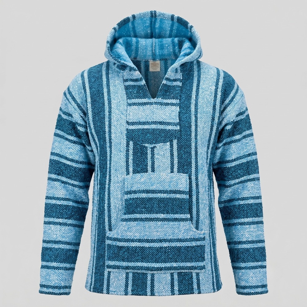 Artesanias Mickey Mens Large Blue Baja‎ Hoodie Mexican Jerga Pullover Striped